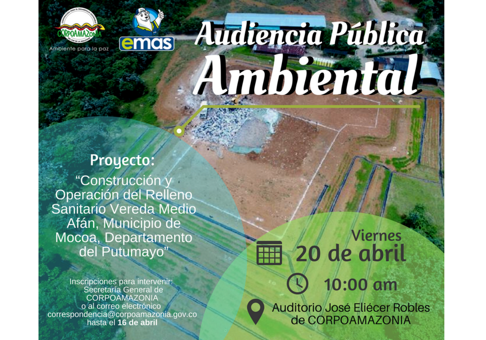 Aviso de convocatoria audiencia pública Relleno Sanitario Municipio de Mocoa